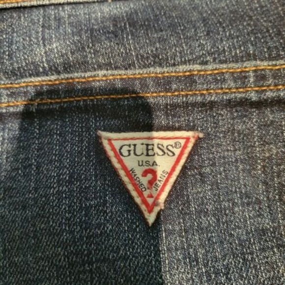 Guess Jean Shorts Blue Denim Distressed Raw Hem Triangle Logo Womens Size 28 - Picture 7 of 11